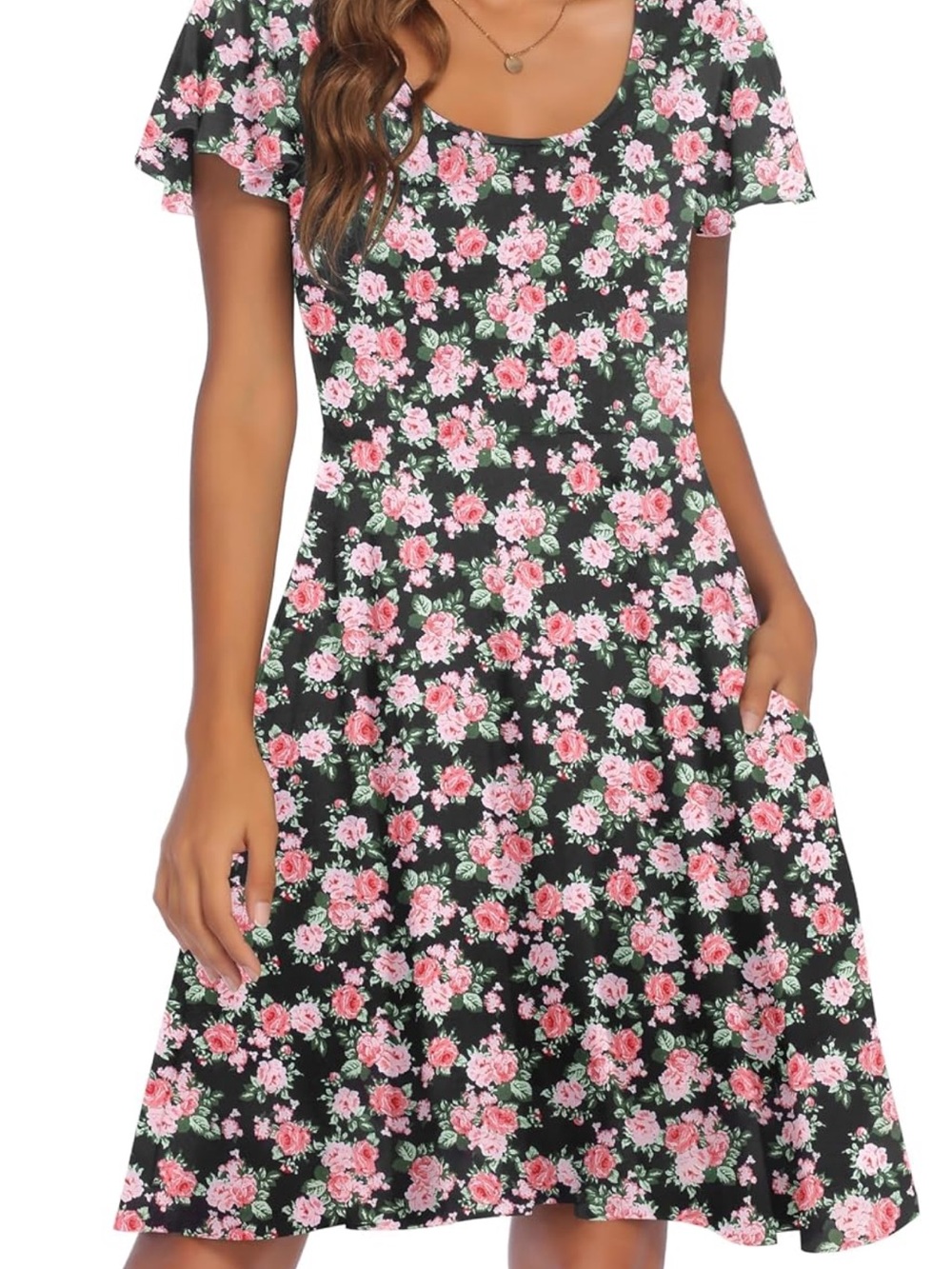 Women's Black Dress with Pink Floral Print - Scoop Neck Fit & Flare
